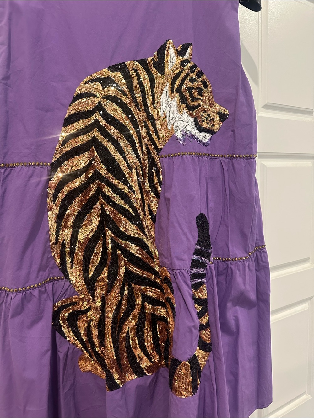 Queen of Sparkles Purple Sleeveless Dress with Gold Sequin Tiger on Back - Picture 6 of 8